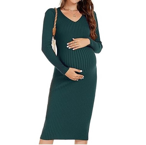 Vestido de Maternidad Ajustado de Manga Larga con Canalé para Mujer, Personalizable, de Alta Demanda, Precio al por Mayor, MOQ Bajo - Product Image 1