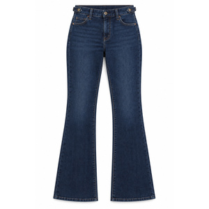 Vaqueros de mezclilla de cintura alta para mujer con corte de bota y tirantes ajustables - Indigo elástico de pierna ancha, tallas XS-6XL - Product Image 1