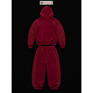 Maroon Velvet Rhinestone Tracksuit Women Zip Up Hoodie Wide Leg Pants Set Luxury Streetwear Casual Fashion Wholesale OEM Wear - Product Image 6