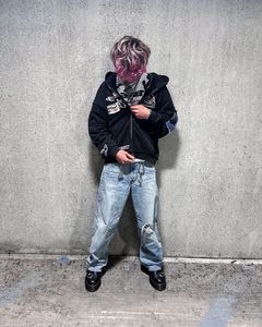 Custom Unisex Vintage Washed 100% Cotton Oversized Zip Hoodie with Patch Embroidery and Distressed Print - Product Image 4