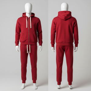 mens red tracksuit full zip <b>hooded</b> <b>jacket</b> and cuffed jogger pants set casual <b>fleece</b> activewear winter two piece gym sports - Product Image 4