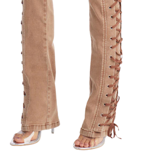 Jean en denim marron taille haute pour femme, avec détails en dentelle sur les côtés, coupe droite, décontracté, respirant, séchage rapide, pantalon d'été tendance, longueur intégrale - Product Image 4