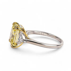 Radiant Cut Yellow Lab Diamond Engagement <b>Ring</b> Trillion Side Stones Two Tone Gold Luxury <b>Statement</b> <b>Ring</b> - Product Image 3