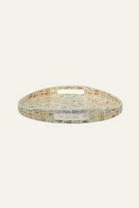 Plateau de service rond en nacre avec motif mosaïque floral en forme de soleil, bord surélevé et poignées latérales pour table à manger et maison - Product Image 3