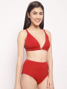Women's <b>Red</b> <b>Bikini</b> <b>Set</b> Deep V Neck High Waist Two Piece Swimwear Stretch Spandex Polyester Solid Color Regular Fit - Product Image 2