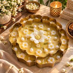 <b>Large</b> Floral Scented <b>Candle</b> Lotus Flower Shaped Metal Tray Container Handcrafted Soy Wax Jasmine Fragrance Home Decoration - Product Image 1
