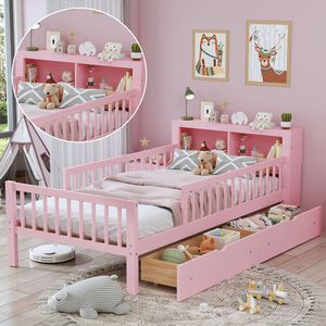 Letto singolo rosa per bambini con testiera con vano portaoggetti, due cassetti sotto il letto e tre sponde laterali per sicurezza e protezione - Product Image 6