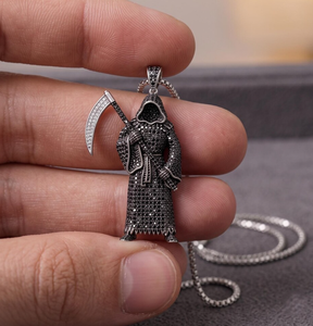 Collier Pendentif Grim Reaper Sertie de Moissanite, Style Glacé, Micro-Incrustation, Bijou Cadeau - Product Image 4