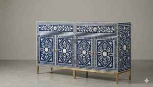 Handcrafted Bone Inlay <b>Console</b> <b>Table</b> Mediterranean Style <b>Blue</b> White Geometric Pattern Wooden Sideboard Entryway Storage Cabinet - Product Image 5