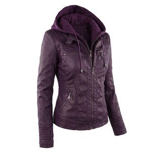 Veste à capuche en cuir PU violet pour femme, style motard, fermeture éclair, coupe-vent, manches longues - Product Image 6
