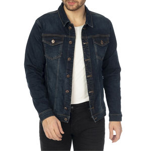 Veste en jean bleu foncé pour homme, col rabattu, fermeture boutonnée, coton lavé, coupe ajustée décontractée, manches classiques, service OEM - Product Image 1