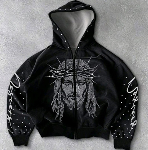 Trimpo Sports Black Rhinestone <b>Star</b> Pullover Hoodie Polyester/Rayon Fleece Eco-Friendly Waterproof Breathable Winter Sweatshirt - Product Image 1