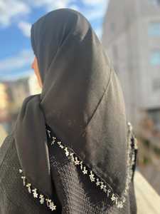 Handmade Stretchable <b>Black</b> Silk Square <b>Scarf</b> Gold Coin Trim Blue Beads Women's Headwear Polyester Embroidery Cross-stitching - Product Image 2