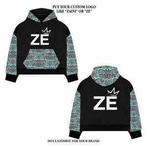 Sudadera con Capucha Extra Grande Personalizada, 400g, Felpa de Algodón Premium, Ecológica, Negra, con Panel Aqua Paisley, Estampado Puff, Logotipo Personalizado - Product Image 1