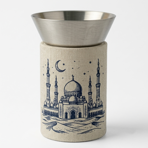 Quemador de incienso con estampado de mezquita, plato plateado cepillado con base de cilindro de lino, presenta un elegante diseño índigo de minaretes bajo una luna creciente. - Product Image 2