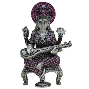 Bellissimo idolo d'argento placcato ossidato stile antico indù religioso in argento Sterling 925 dea Sarawathi Stone Idol
