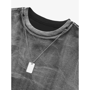 T-shirt graphique décontracté gris en coton pour homme, col rond, grande taille, style ample, effet vieilli, brodé, délavé, coupe ample et tendance - Product Image 6