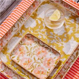 Juego de bandejas de lujo con diseño floral esmaltado |   Bandeja Decorativa de Metal con Borde Dorado para Mesa de Centro, Bandejas Rectangulares Pintadas a Mano - Product Image 5