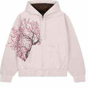 Sudadera con capucha y cremallera extragrande personalizada con estampado de flor de cerezo, estilo vintage Harajuku, color rosa, ropa urbana japonesa, con bordado gráfico, para hombre y mujer - Product Image 4