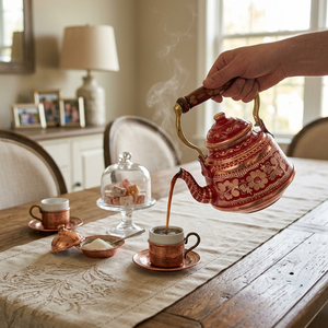Bouilloire à thé en cuivre rouge peinte à la main, théière turque vintage, poignée en laiton gravée de motifs floraux, chauffe-eau pour cuisinière, cafetière et théière - Product Image 5