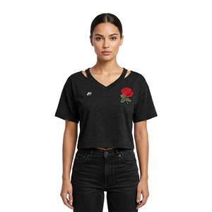 Latest Design Custom Rose Embroidery Patch Crop <b>Top</b> women's shirt Custom Logo Breathable V-Neck Crew Women Crop Tee Short Sleeve - Product Image 1