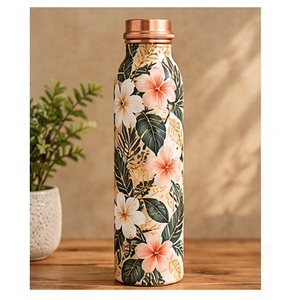 Botella de Agua de Cobre con Estampado Artístico de Monstera y Palmera en Verde Crema y Naranja, con Tapa de Cobre, Portátil para Viajes - Product Image 6