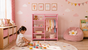 Armoire rose pour enfants avec 3 étagères, rangement multifonctionnel, design minimaliste pour bébés et enfants - Product Image 4