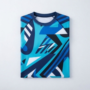 เสื้อรัดกล้ามเนื้อแขนยาวสำหรับผู้ชาย พิมพ์ลายแบบ Heat-Transfer แห้งเร็ว สำหรับเล่นกีฬา ลายเรขาคณิต สีน้ำเงิน ขาว ดำ UPF50 - Product Image 5