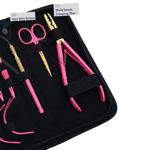 High Quality Pink Salon Hair Extension <b>Tool</b> <b>Kit</b> with Microlink Loop <b>Tool</b> Sewing Needles Parting Finger and 2 Hole Crimping Plier - Product Image 4