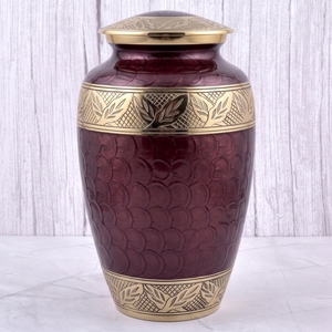 <b>Red</b> and Gold Floral and Leaf Motif Brass Adult Cremation Urn with glossy surface for Human Ashes, Burial Memorial Urn - Product Image 3