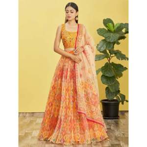 Lehenga Choli de Organza con Trabajo de Espejos en Amarillo Brillante para la Noche - Product Image 6