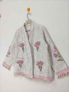 Chaqueta Bomber Clásica de Algodón con Estampado Artesanal, Reversible, Ecológica, Transpirable, Diseño Floral Bohemio para Invierno, Corta - Product Image 5