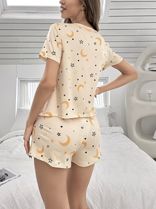 Women's Pajama Set Cozy Crew Neck Short Sleeve Top & Elastic Waist Shorts with Starry Night Print Soft Polyester Blend Perfect - Product Image 4