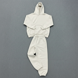 Men's <b>White</b> Hooded Sweatshirt Set Casual Solid Color Cotton French Terry <b>Joggers</b> Autumn Wear - Product Image 3