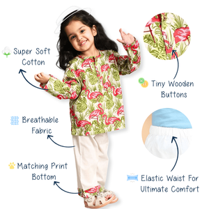 Polka Tots Swan Print Frente abierto Mangas completas Ropa de dormir Kurta pijama set-Rosa - Product Image 2