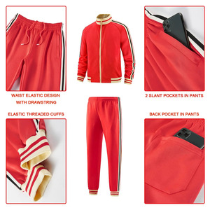 Men's Tracksuit Set Red Stand Collar Zip Up <b>Jacket</b> Pants Black White Stripe Two Piece Sporty Outfit Stylish - Product Image 4
