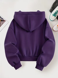 Sudadera con capucha morada gruesa de otoño-invierno con cremallera, hombros caídos, estilo crop, estampado personalizado, básica, de algodón para mujer - Product Image 2