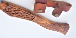 CUSTOM HANDMADE INDUSTRIAL DAMASCUS STEEL <b>AXE</b> HEAD ENGRAVED <b>WOOD</b> HANDLE with LEATHER SHEATH - Product Image 3
