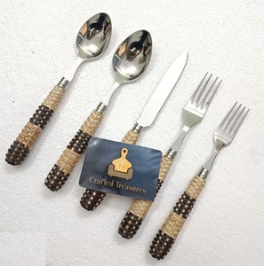 Vintage Style Flateware <b>Set</b> 18/<b>8</b> Stainless Steel Rattan Woven Handle 5-Piece <b>Set</b> Mirror Polish Durable <b>Dinnerware</b> Cutlery <b>Set</b> - Product Image 5