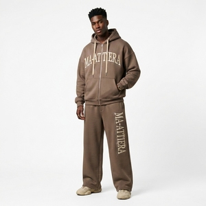 MA-ATTIERA Chándal con capucha para hombre, con cremallera completa, color sólido, estampado de letras, sudadera informal holgada y conjunto de pantalones - Product Image 1