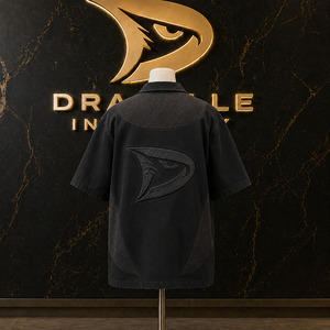 Black <b>Y2K</b> Boxy Button-Up <b>Shirt</b>, Oversized Short Sleeve Camp Collar Streetwear <b>Shirt</b> with Mesh Panels, Rhinestone Placket & Tonal - Product Image 2