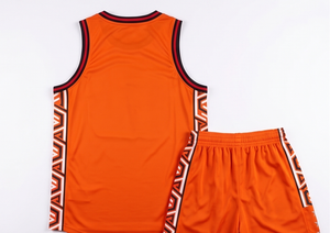 Custom Sublimation Basketball Uniform Set Men Orange Geometric Pattern Quick Dry Tank Top Shorts Sporty Style O-Neck - Product Image 3