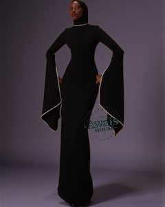Awais House Women's Modest Black High Neck Floor-Length Long Sleeve Satin Evening Dress With Pearl Trim - Product Image 3