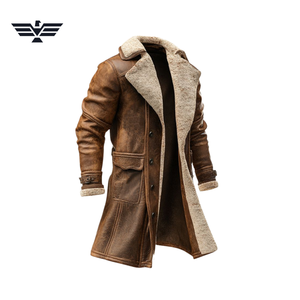 Veste de moto en cuir véritable pour homme, style vintage, col montant, doublure en sherpa, coupe-vent, vêtement d'hiver, fermeture éclair sur le devant - Product Image 1