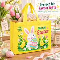 Sacs de courses réutilisables en tissu non tissé à imprimé lapin de Pâques jaune rayé et poussins, personnalisables avec logo, vente en gros