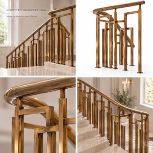 Modern Bronze <b>Railing</b> with Interlocking Rectangular Frames, Angular Spindles and Contemporary Staircase Handrail Balustrade - Product Image 5