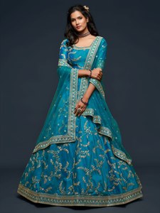 Ensemble de lehenga choli en soie brodée bleu turquoise de luxe avec dupatta, tenue de soirée Bollywood pour femmes - Product Image 3