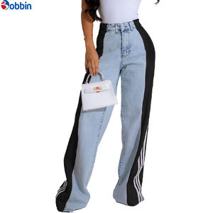 Pantalones Vaqueros con Rayas Laterales y Logotipo Personalizado para Mujer, Ropa de Moda, Pantalones de Pierna Ancha con Parches y Cintura Alta, Pantalones Rectos de Mezclilla - Product Image 2