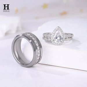Luxury <b>Couple</b> Wedding <b>Ring</b> Set Pear Cut Lab Grown Diamond Halo <b>Ring</b> Mens Wide Eternity Band His and Hers - Product Image 2