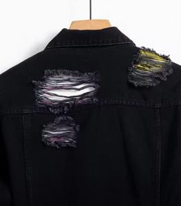 Unisex <b>Punk</b> Style Ripped Bomber <b>Jacket</b> Black Hooded Collar Regular Length Zipper Closure Slim Fit Cotton Material Front Autumn - Product Image 5